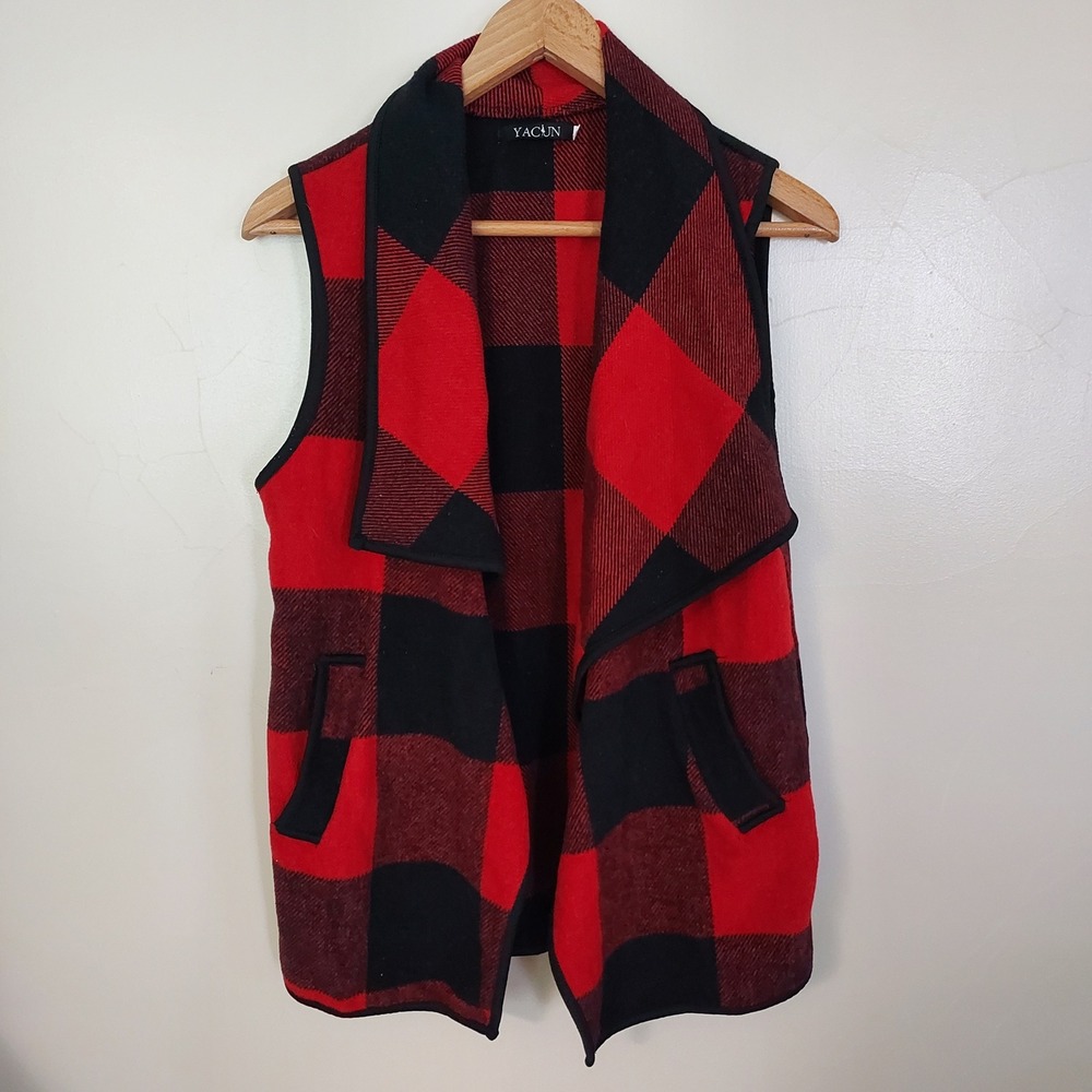Yacun Womens Red Black Buffalo Plaid Open Front Draped Vest Medium Cabin Core